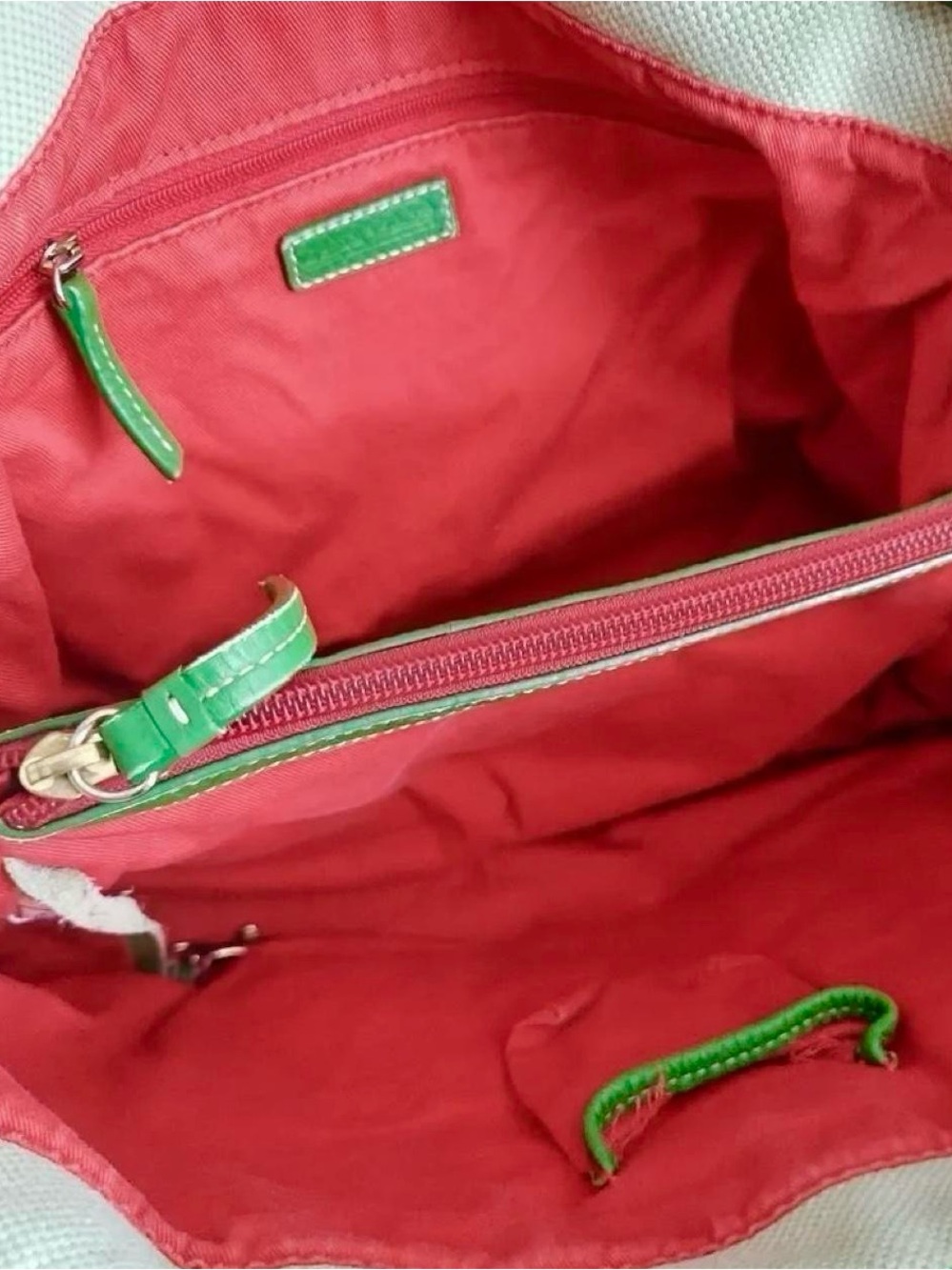 Dooney & Bourke Green Leather & Beige Canvas Large Shoulder Tote - Picture 3 of 7